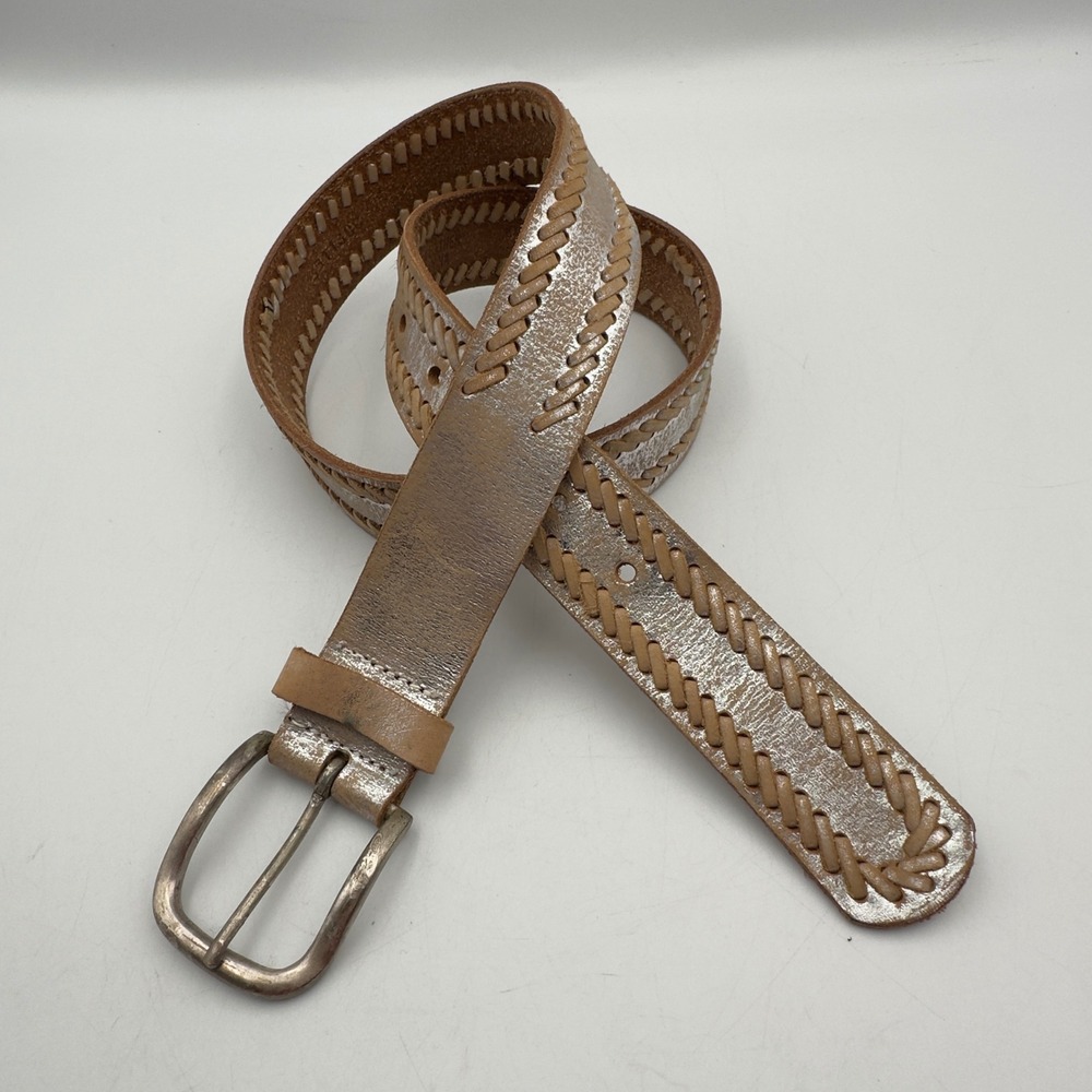 Nine West Belt Silver Tan Leather Whipstitch Braided Y2K Small Boho Western